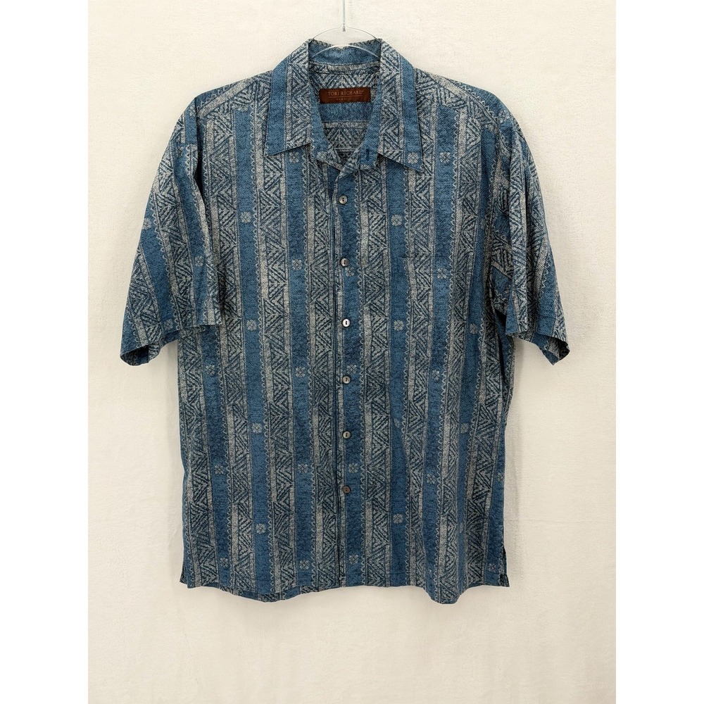 Tori Richard Shirt Mens Medium Blue Geometric Hawaiian Aloha Button Up Casual